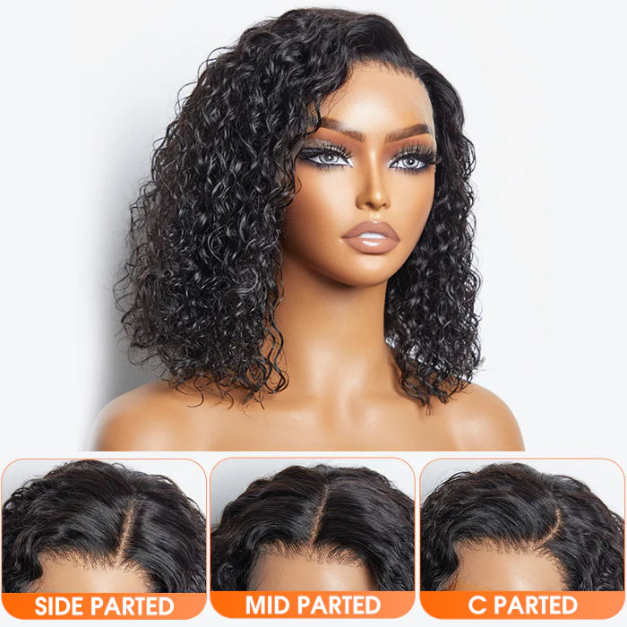 13"x4" Natural Black Water Wavy Bob 3D Transparent Lace Frontal Wig-100% Human Hair