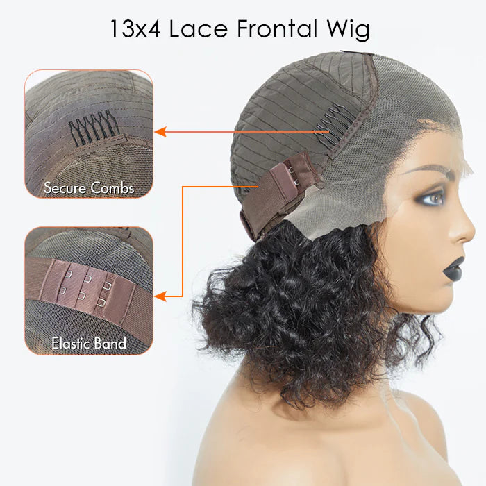 13"x4" Natural Black Water Wavy Bob 3D Transparent Lace Frontal Wig-100% Human Hair