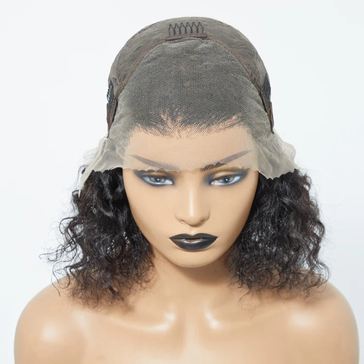 13"x4" Natural Black Water Wavy Bob 3D Transparent Lace Frontal Wig-100% Human Hair