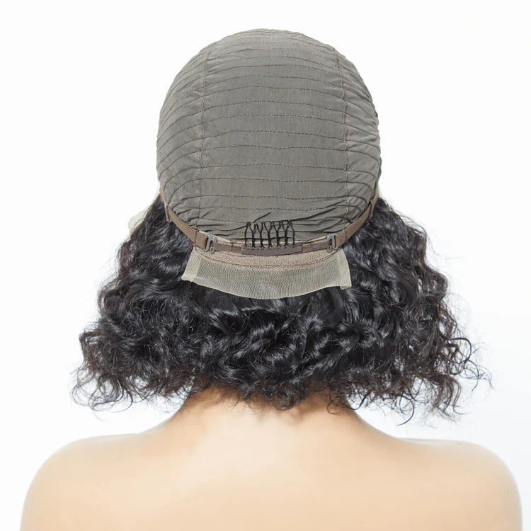 13"x4" Natural Black Water Wavy Bob 3D Transparent Lace Frontal Wig-100% Human Hair